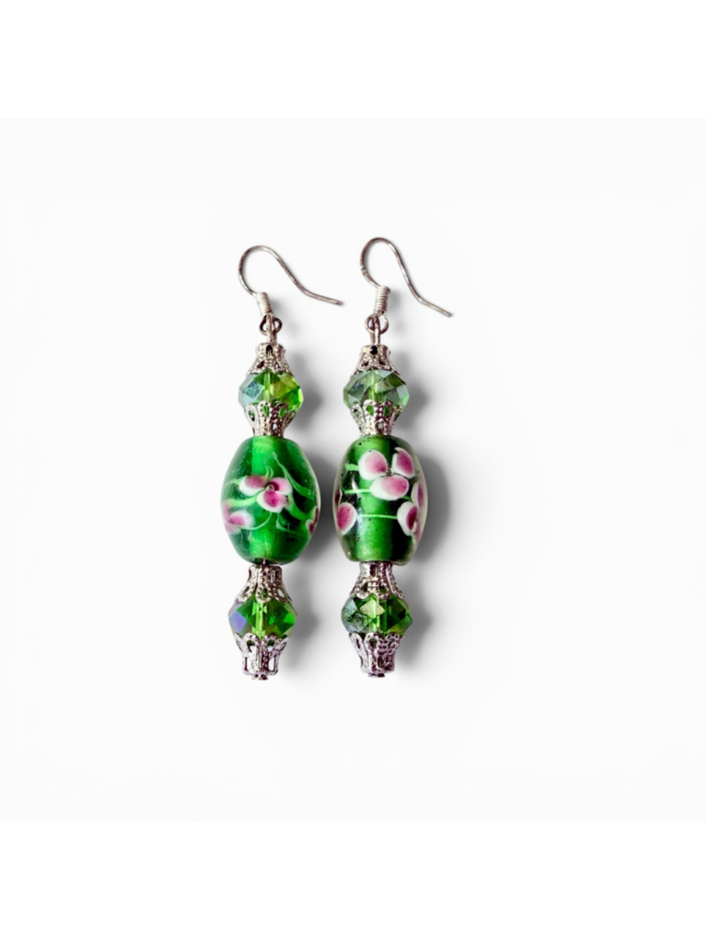 Vintage Green Floral Lampwork Glass Earrings Pink Flower Beads Crystal Dangle